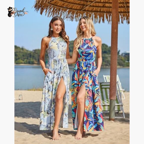 Summer Floral Beach Flowy Split Maxi Long Dress with Pockets - Picture 4 of 7